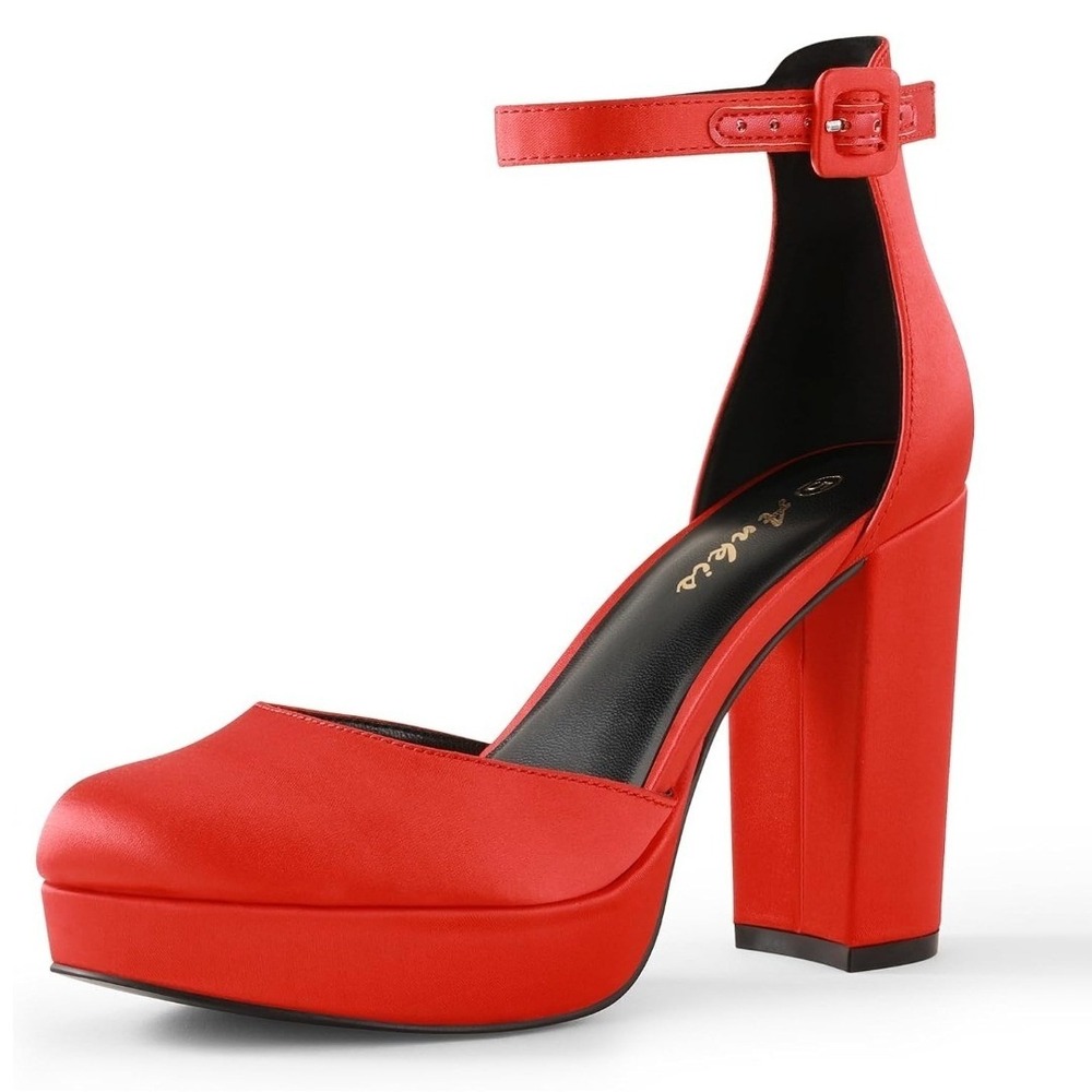 Ankis Womens Red Satin Platform Block Heels Ankle Strap Pumps Size 10 NEW